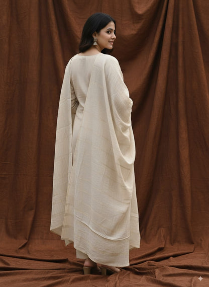 Mul chanderi Beige Kurtaset with hand painted design