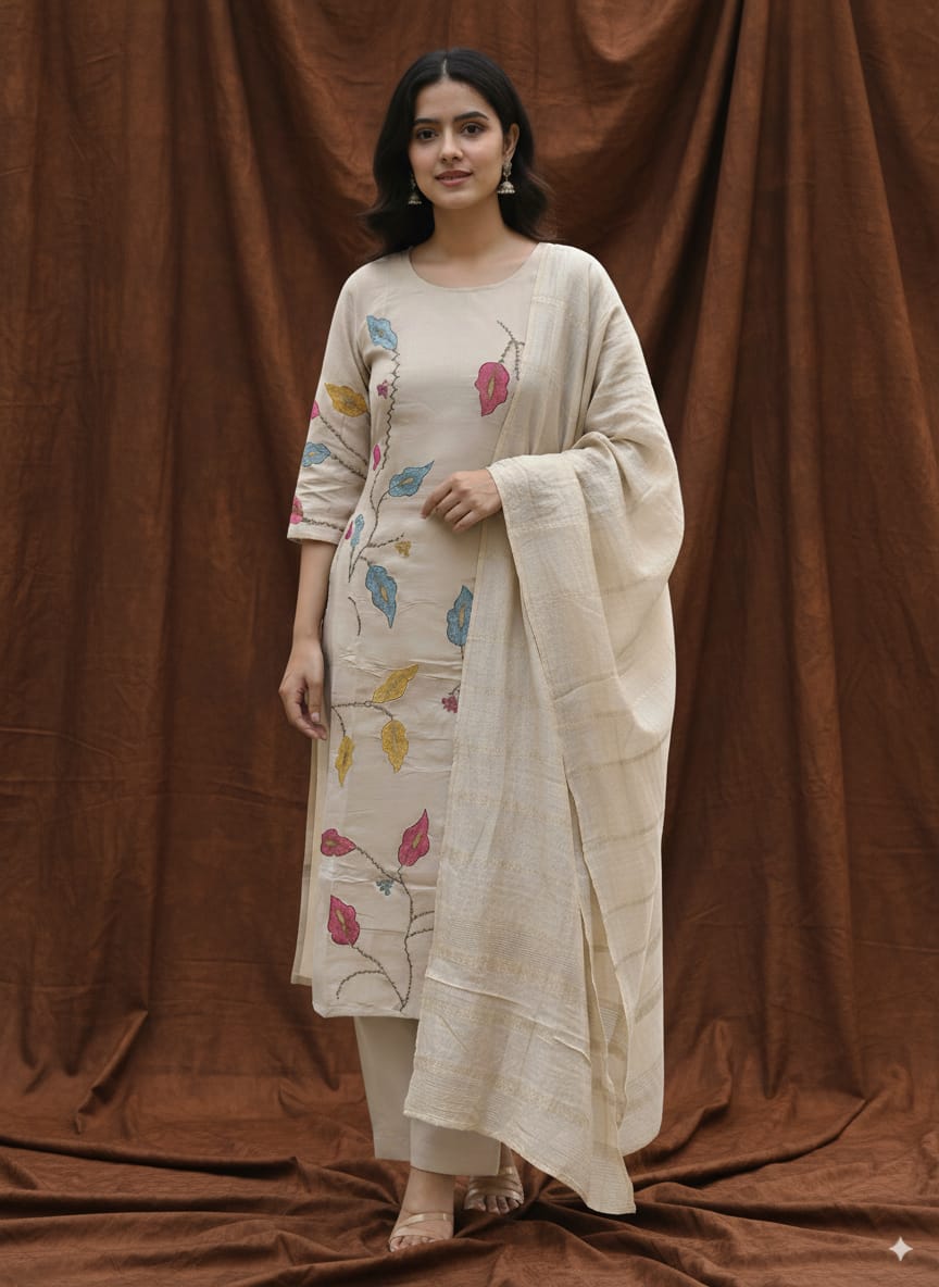 Mul chanderi Beige Kurtaset with hand painted design