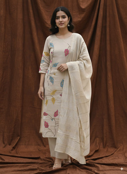 Mul chanderi Beige Kurtaset with hand painted design