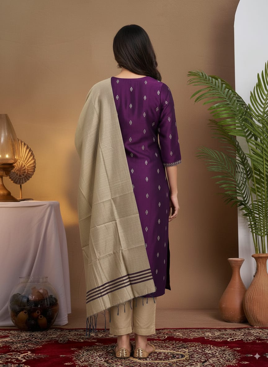Deep Purple Raw silk kurtaset with Beige Dupatta