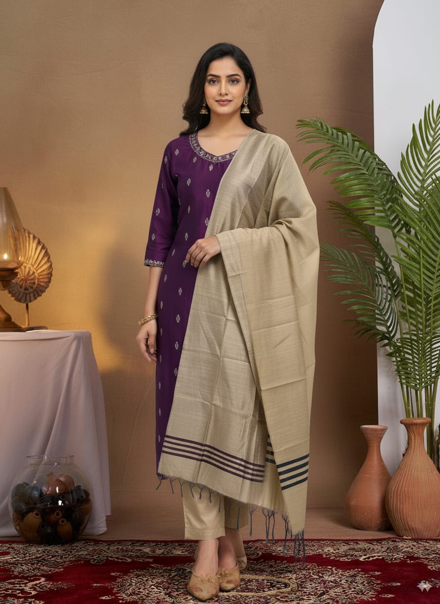 Deep Purple Raw silk kurtaset with Beige Dupatta