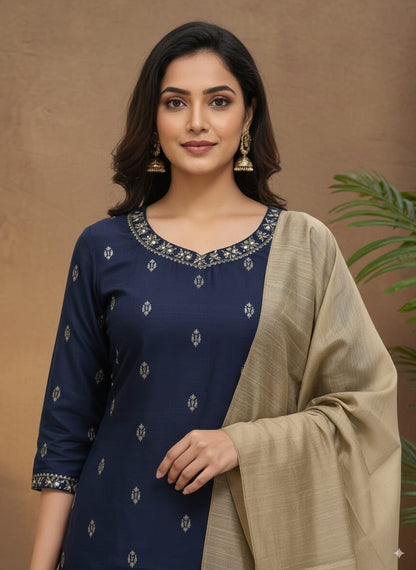 Navy Blue Raw silk kurtaset with Beige Dupatta