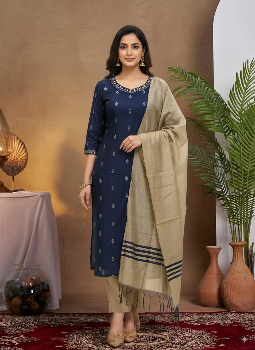 Navy Blue Raw silk kurtaset with Beige Dupatta