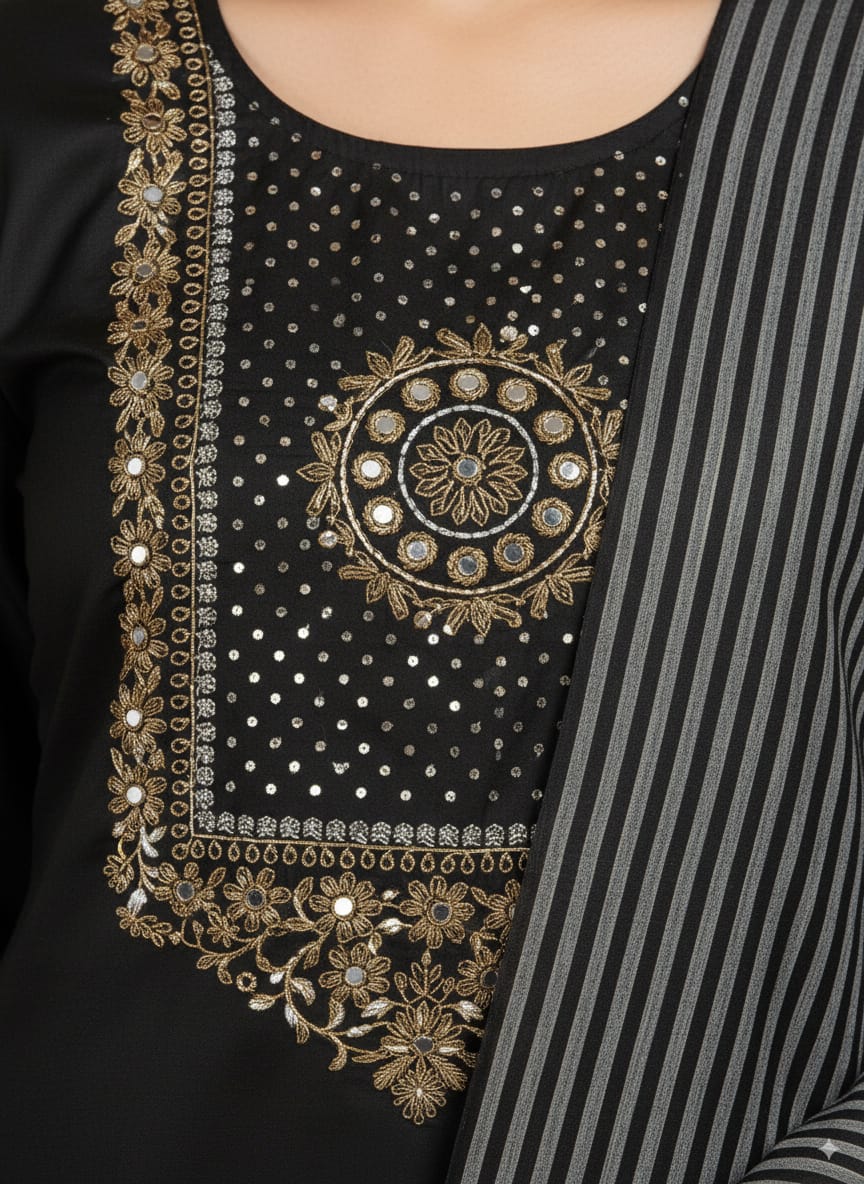 Black Roman silk Kurtaset with Designer Dupatta