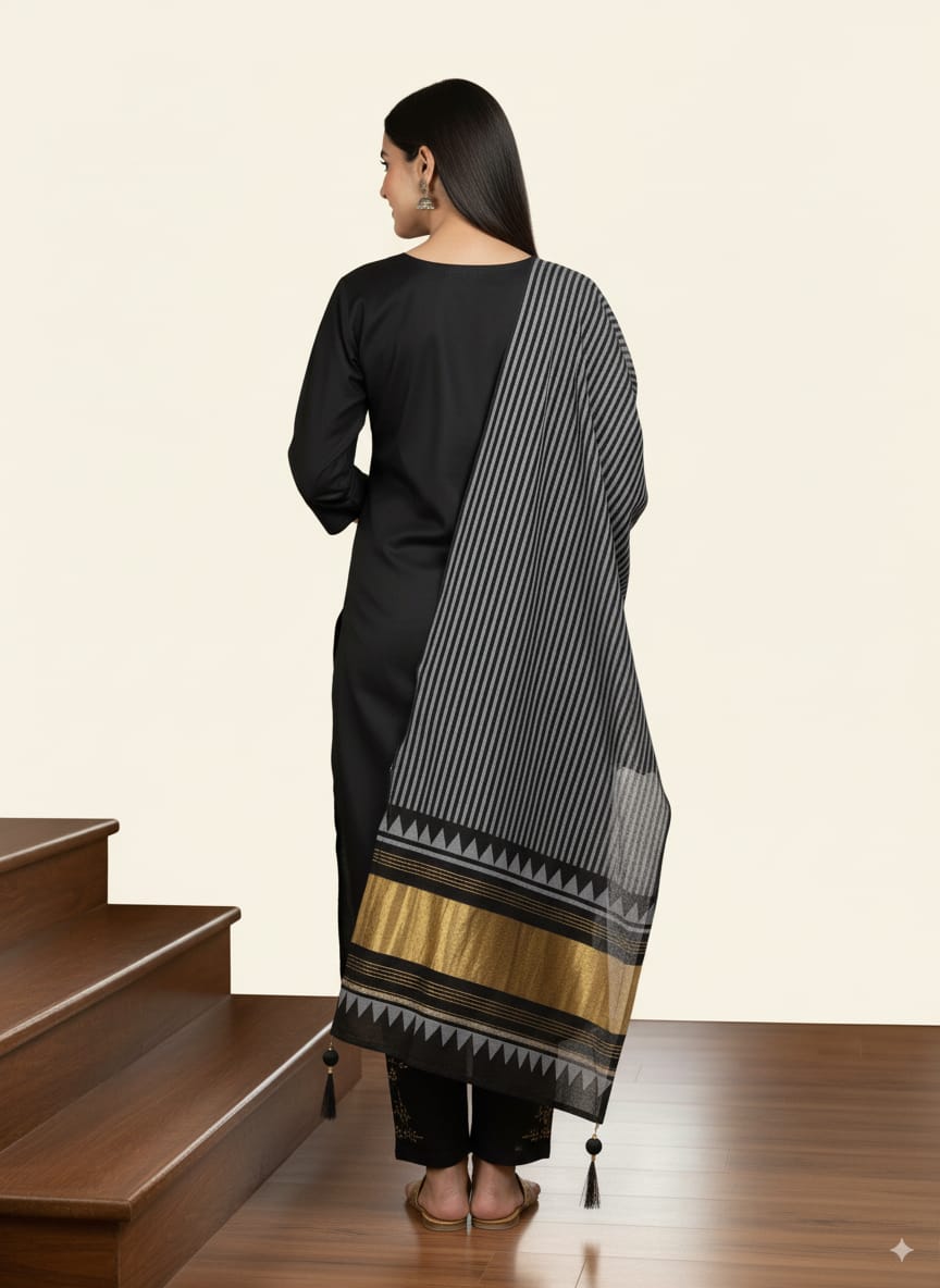 Black Roman silk Kurtaset with Designer Dupatta