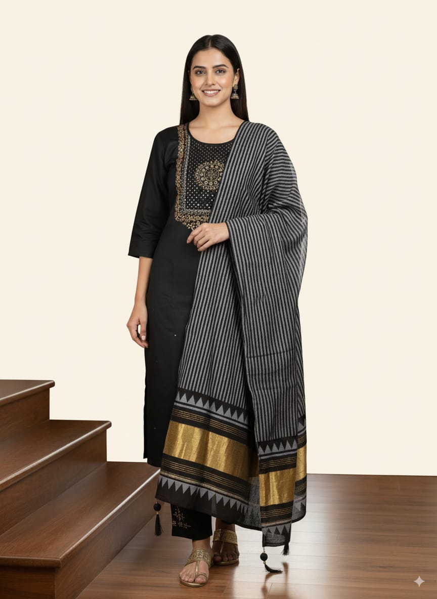 Black Roman silk Kurtaset with Designer Dupatta