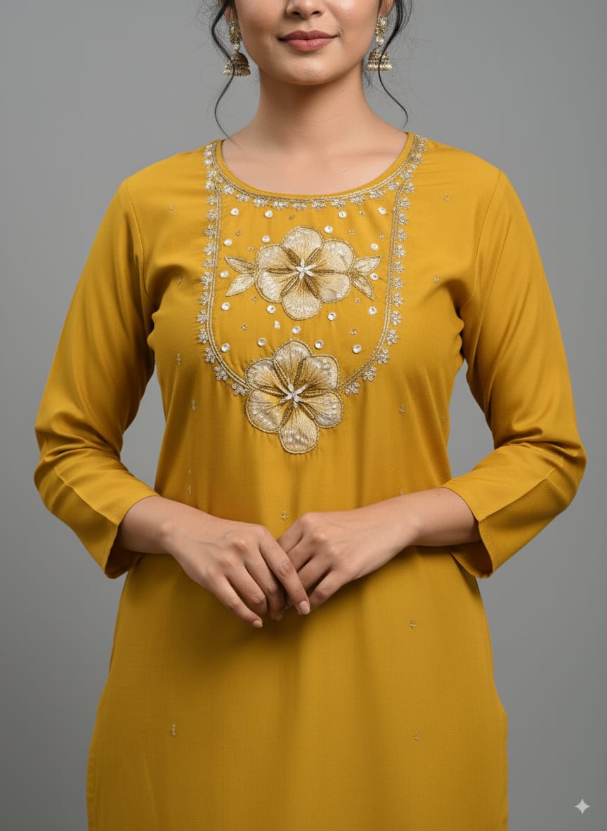 Mustard Roman silk kurtaset with Organza Dupatta