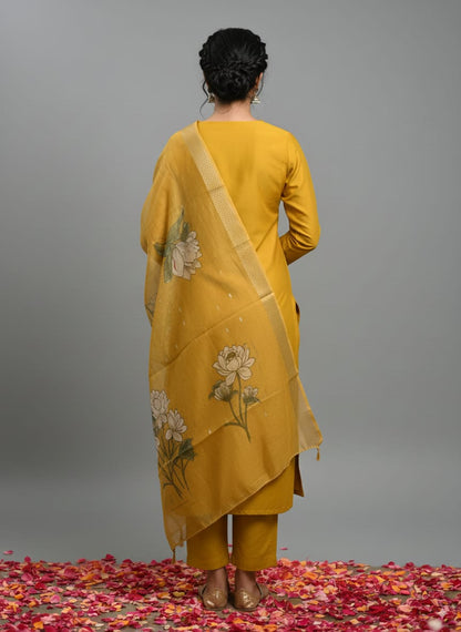 Mustard Roman silk kurtaset with Organza Dupatta
