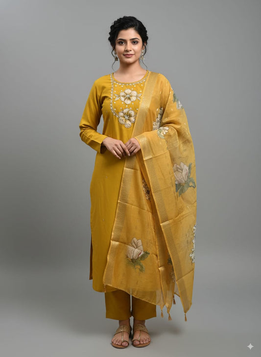 Mustard Roman silk kurtaset with Organza Dupatta