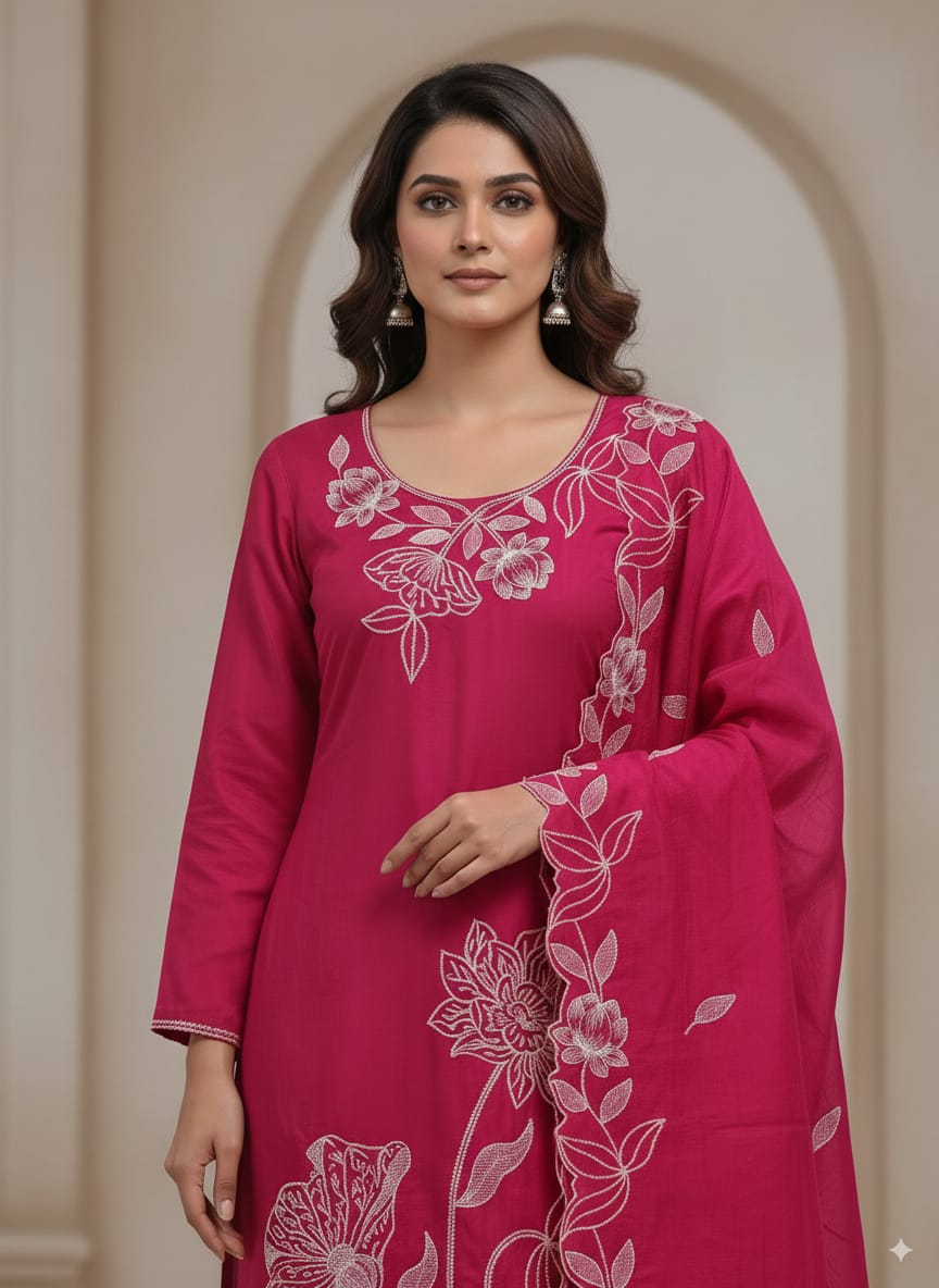 Pink thread work kurtaset with designer dupatta