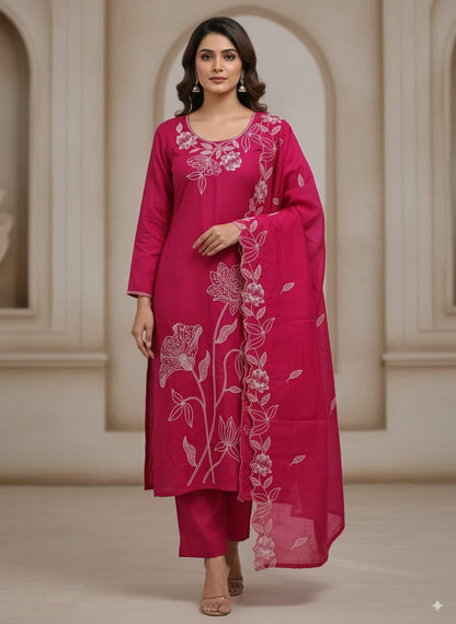 Pink thread work kurtaset with designer dupatta