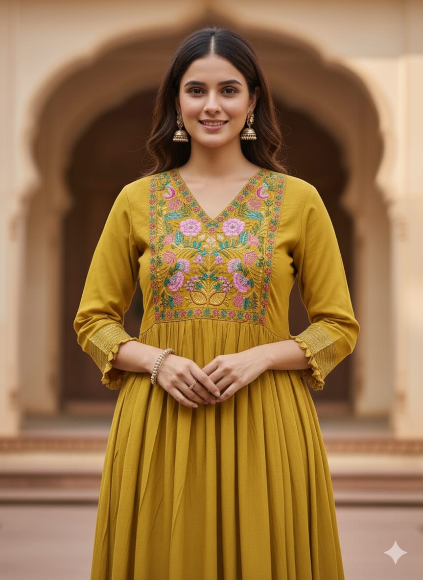 Mustard Mul chanderi embroidered A-line kurtaset with dupatta