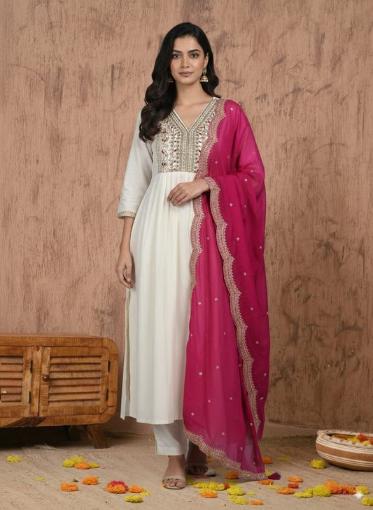 white Roman silk kurtaset with designer dupatta