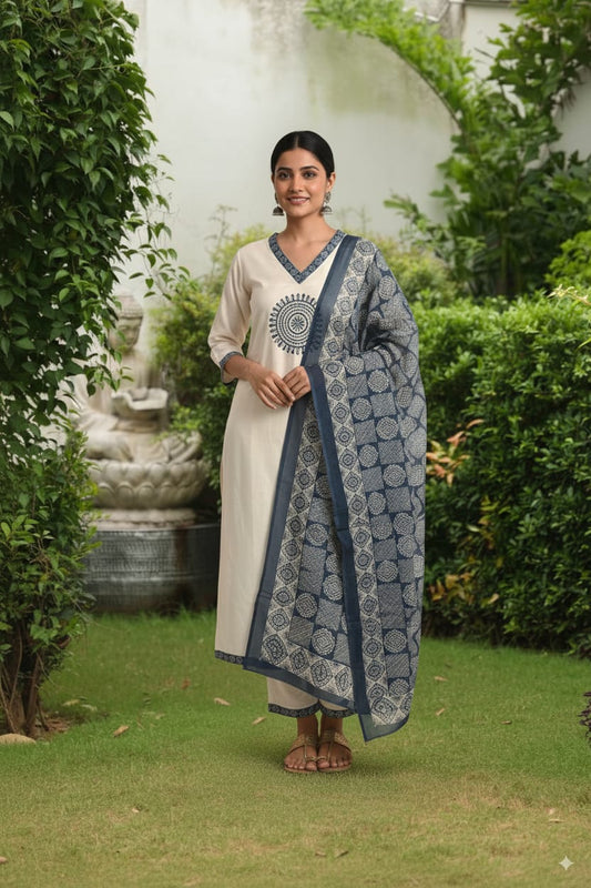 White Cotton chanderi kurtaset with dupatta