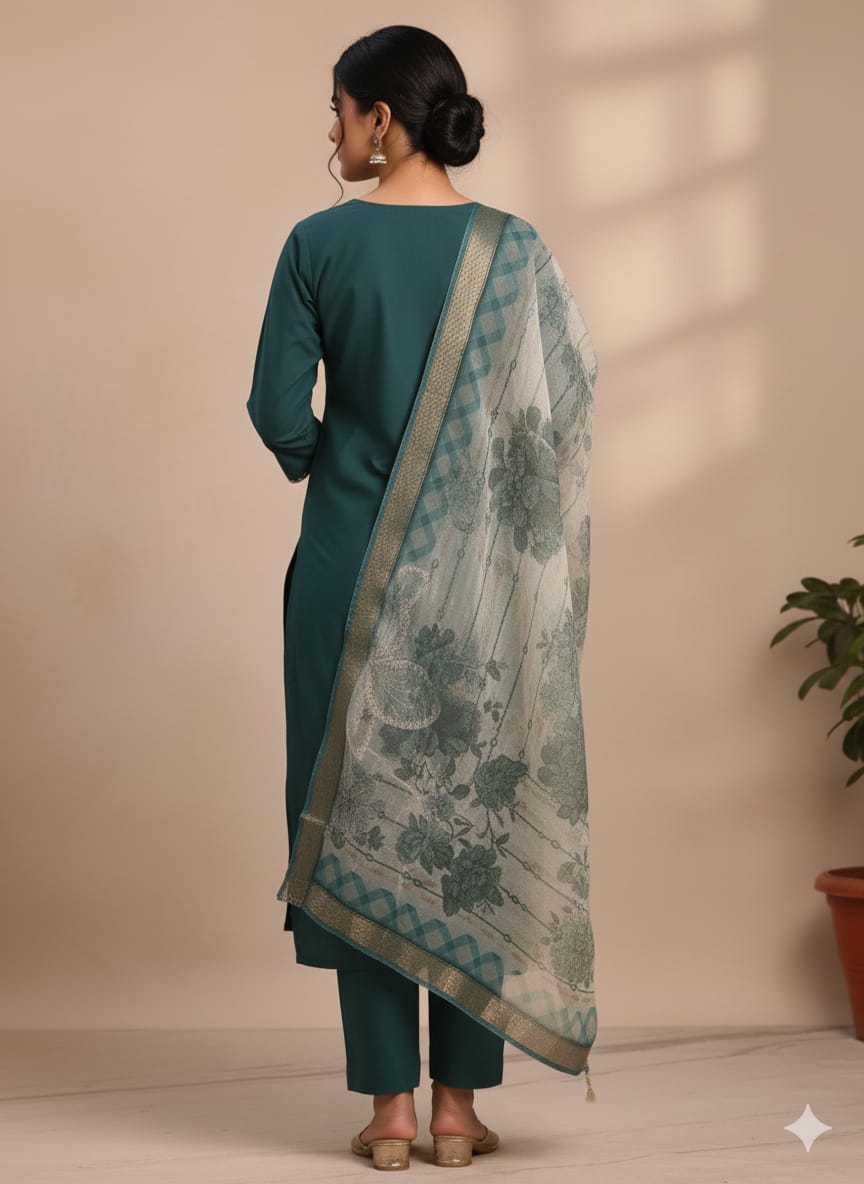 Thick green embroidered kurtaset with organza dupatta