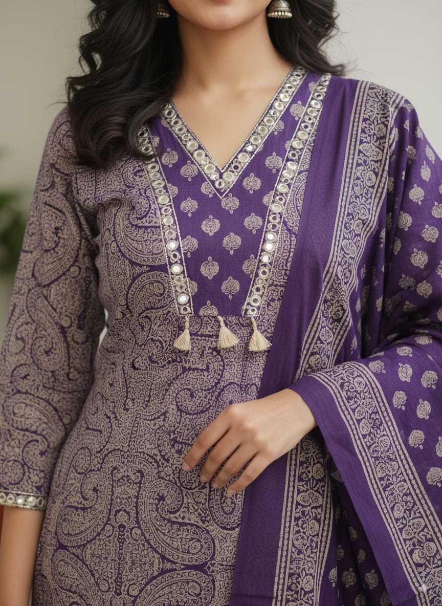 Cotton Violet arjukh print kurtaset with dupatta