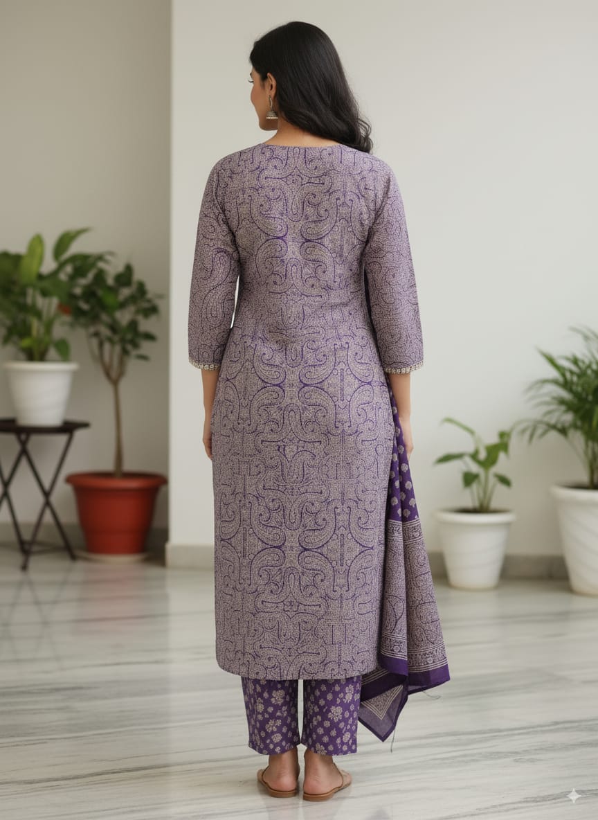 Cotton Violet arjukh print kurtaset with dupatta