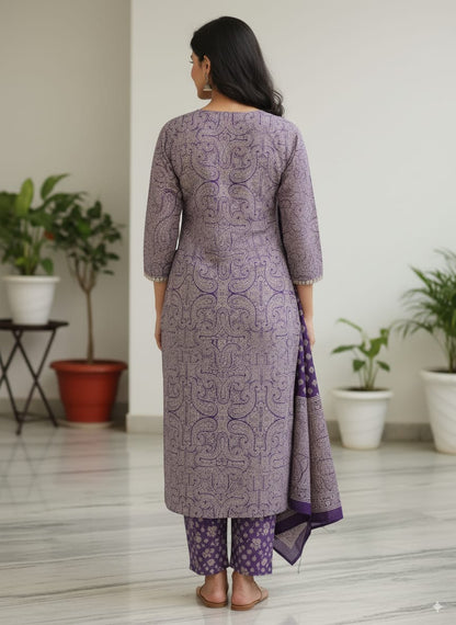 Cotton Violet arjukh print kurtaset with dupatta