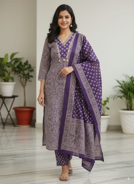 Cotton Violet arjukh print kurtaset with dupatta