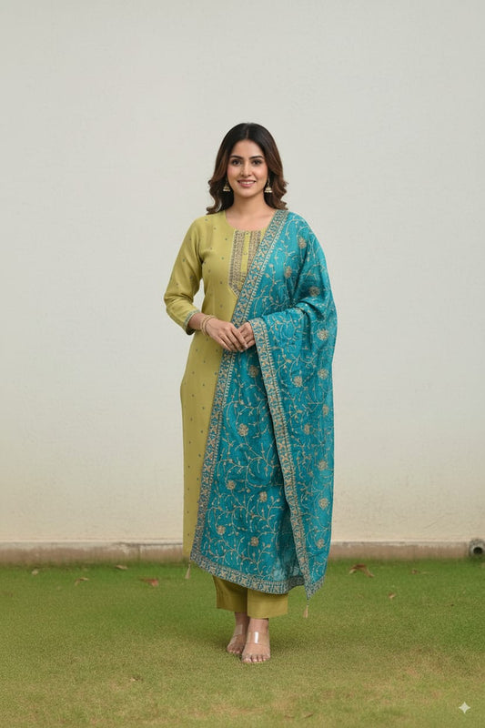 Pale Green Roman silk kurtaset with embroidery dupatta