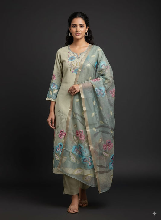 Mint green Muslin silk kurtaset with organza dupatta