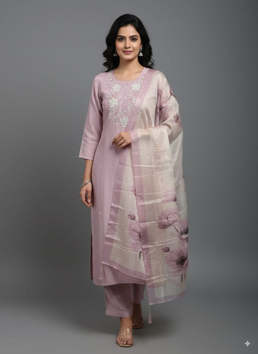 Peach silk kardana kurtaset with organza dupatta