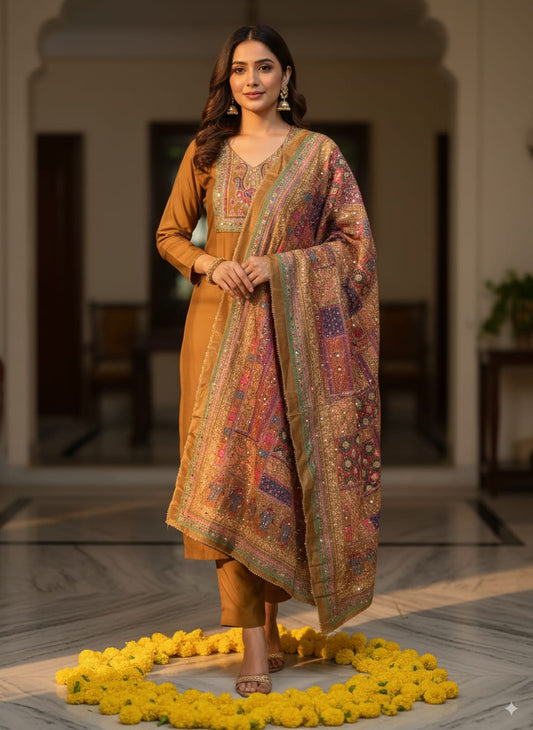 Mustard silk kurtaset with heavy kalamkari dupatta