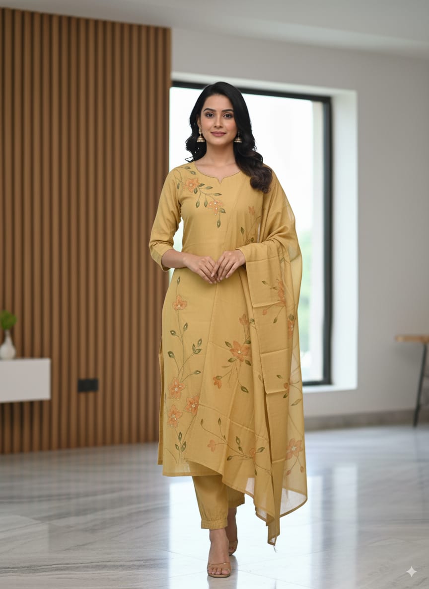 Roman silk yellow Kurtaset with brush paint