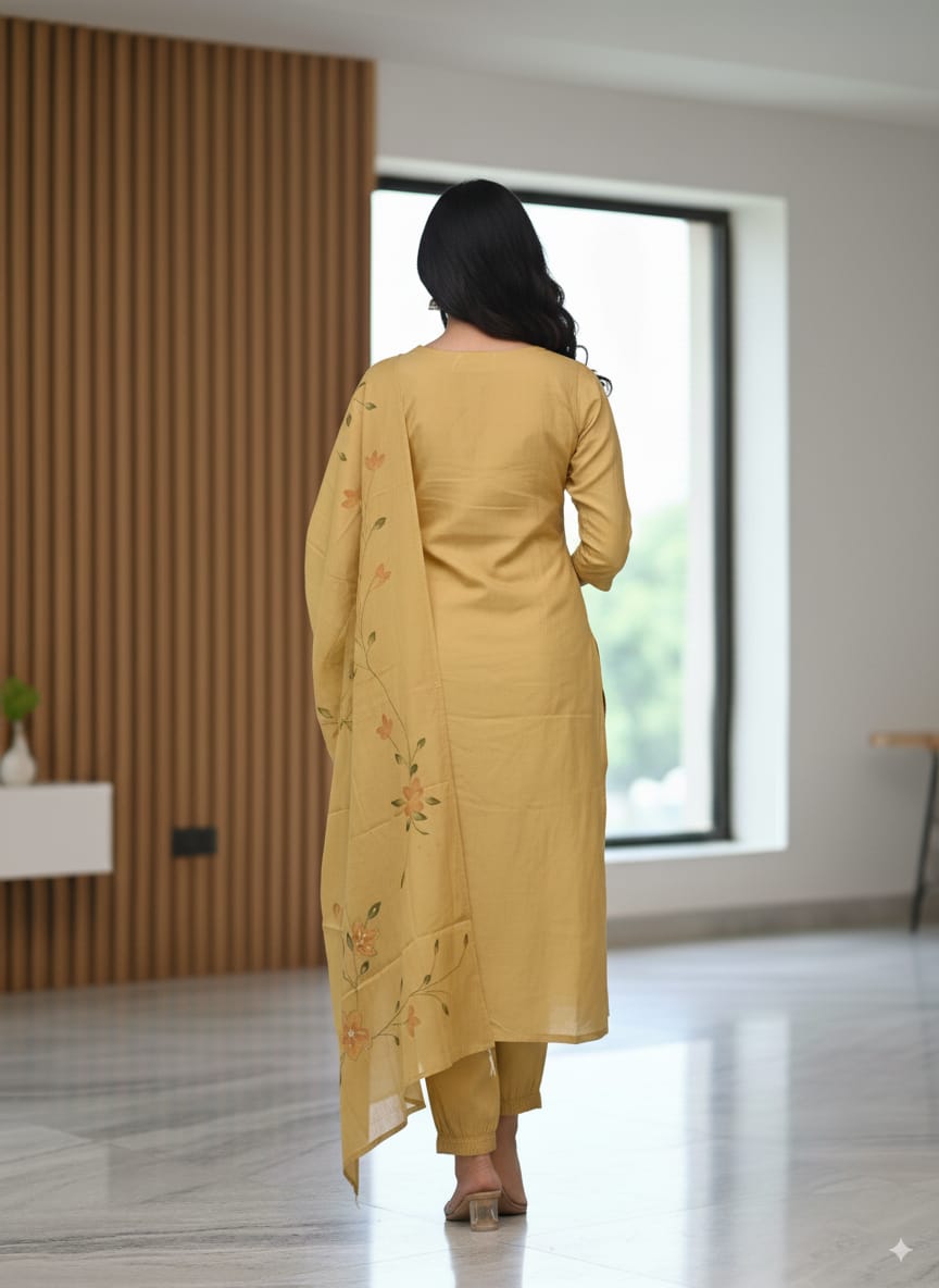 Roman silk yellow Kurtaset with brush paint