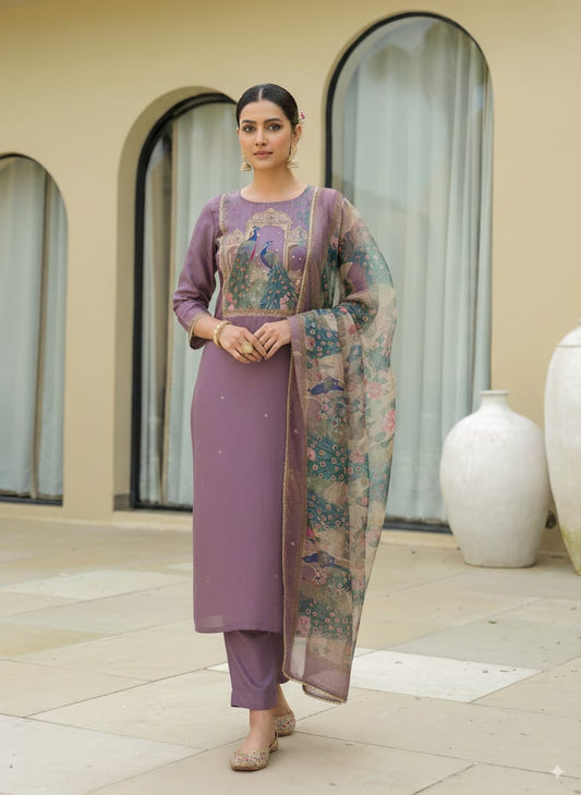 Mauve roman silk kurtaset with organza dupatta