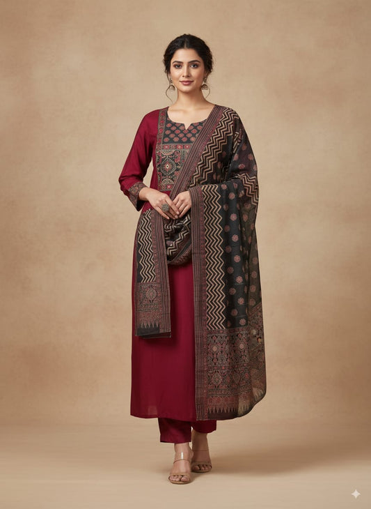 Maroon Roman silk kurtaset with designer dupatta
