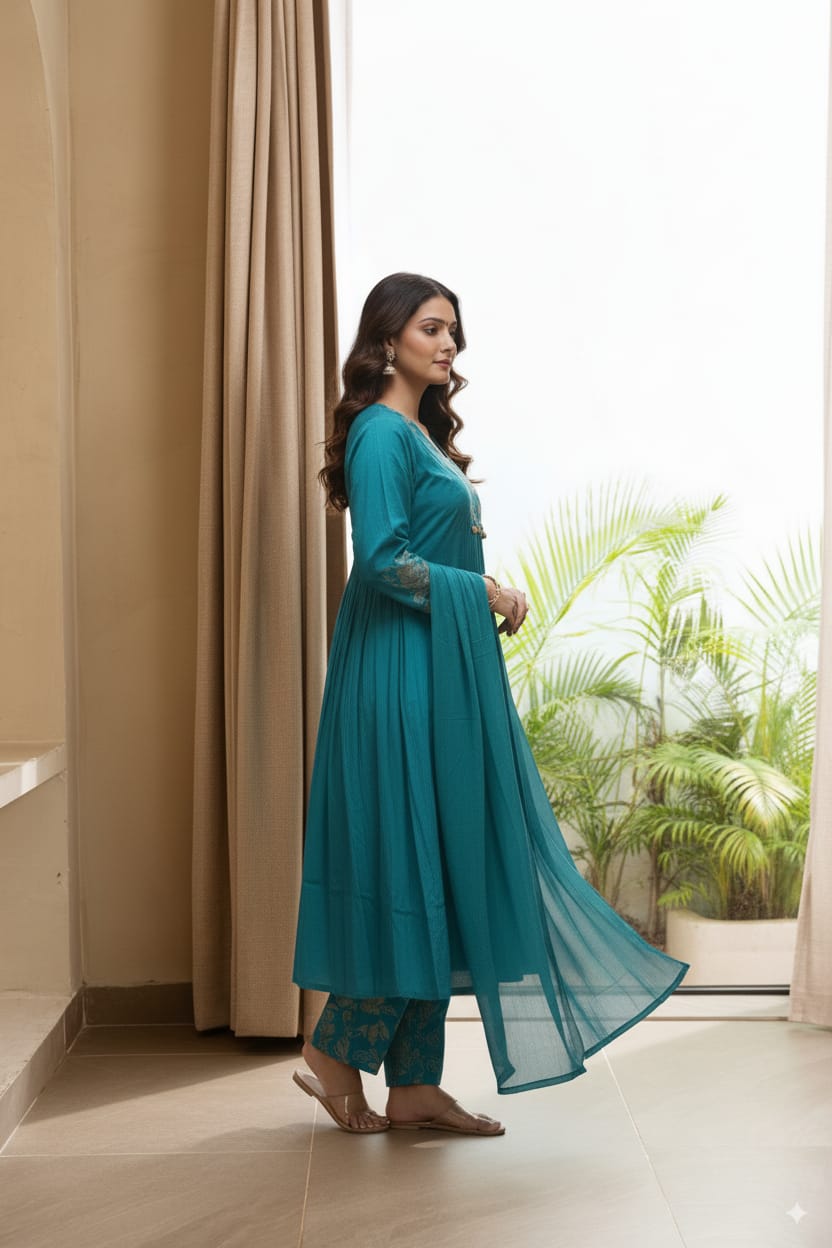 Blue Mul chanderi Kurtaset