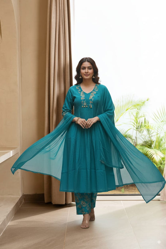 Blue Mul chanderi Kurtaset