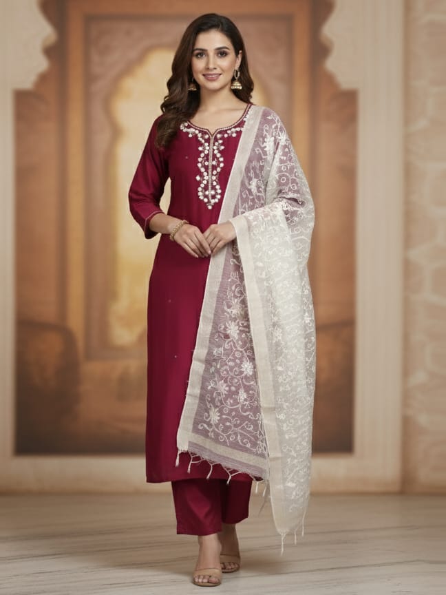 Deep Brown Roman Silk Kurta Set With Floral Dupatta