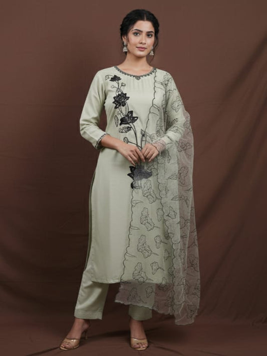 Roman silk Sage Green Kurtaset with organza Dupatta