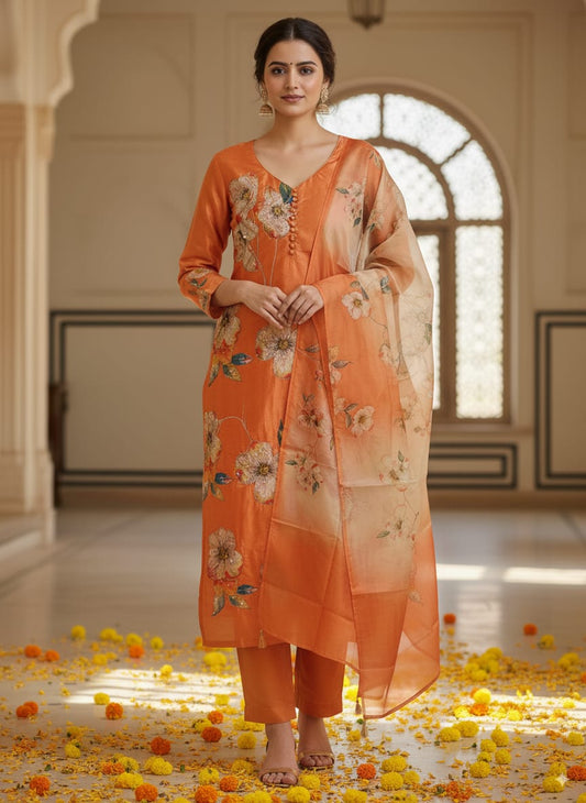 Silk Orange kurtaset with digital print dupatta