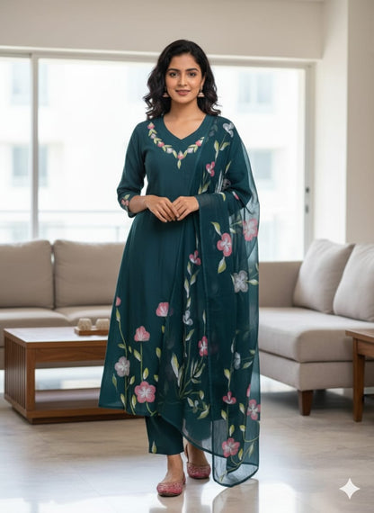 Thick Green Brush paint Roman silk kurtaset