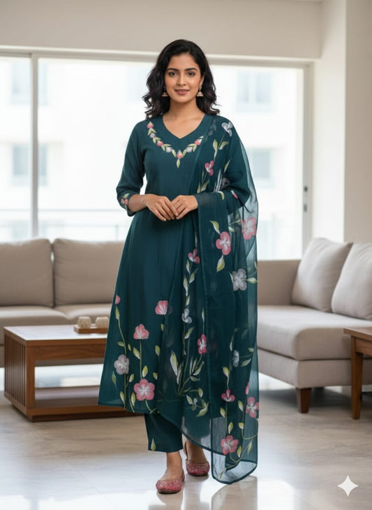 Thick Green Brush paint Roman silk kurtaset