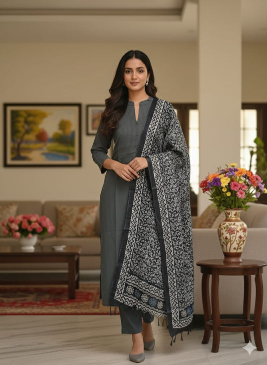 Grey Rayon kurtaset with kalamkari dupatta