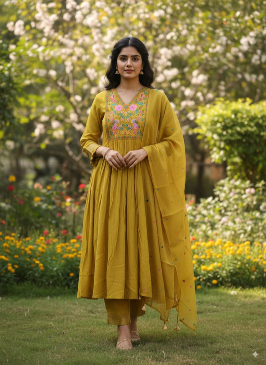 Mustard Mul chanderi embroidered A-line kurtaset with dupatta