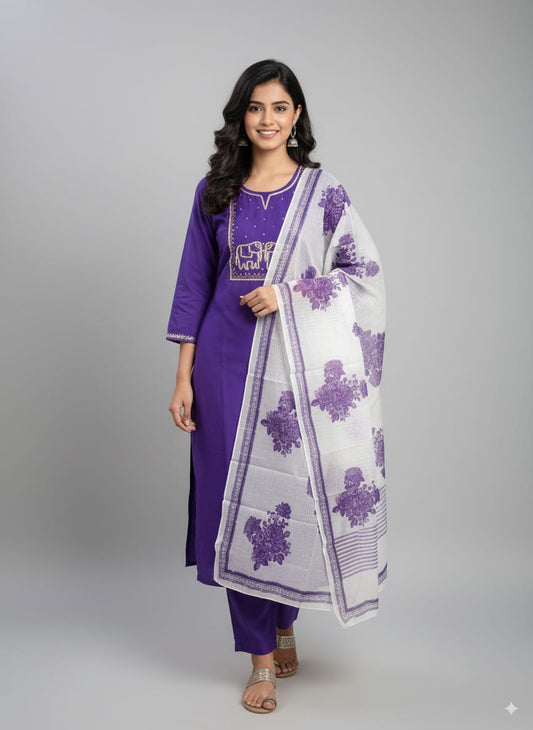 Violet Roman silk kurtaset with cotton dupatta
