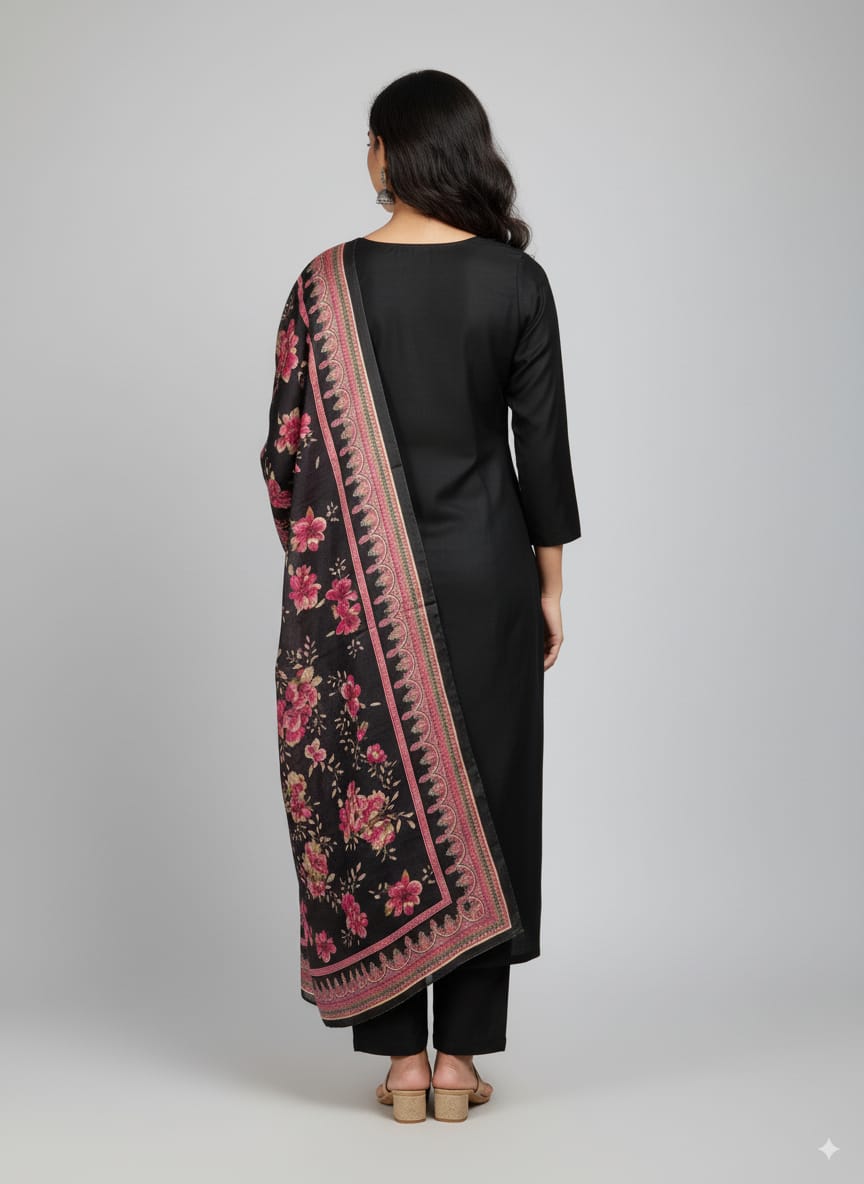 Black Floral Kurtaset with dupatta
