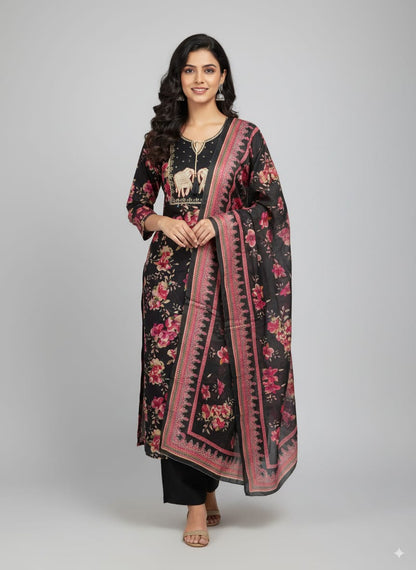 Black Floral Kurtaset with dupatta