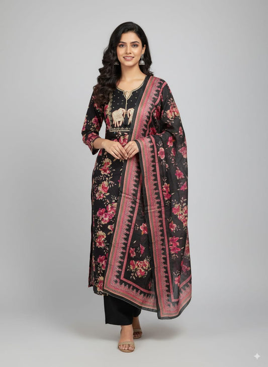 Black Floral Kurtaset with dupatta