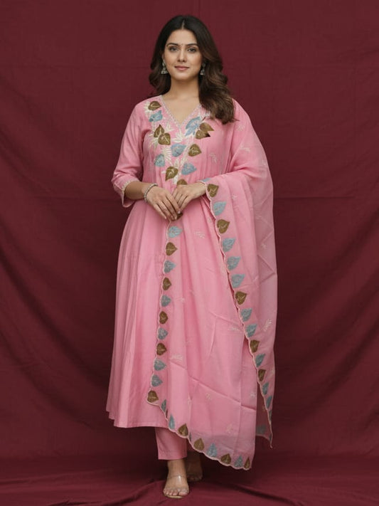 Pink Mul chanderi Embroidered A-line kurtaset with dupatta