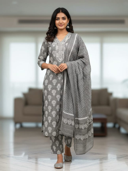 High-Quality Rayon Blend Grey Kurta Set