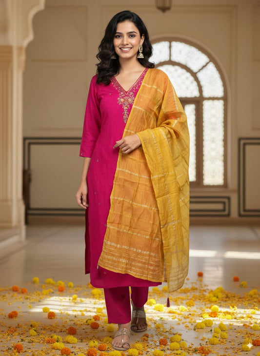 Pink self-design Kurtaset with dupatta