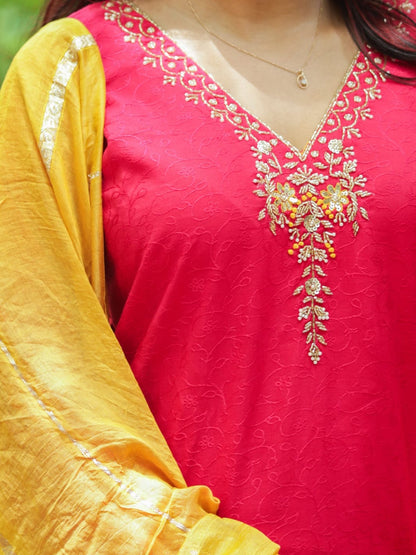 Pink self-design Kurtaset with dupatta