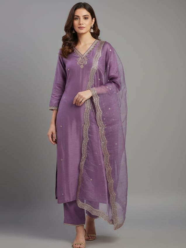Onion Lavender Roman silk kurtaset with designer dupatta