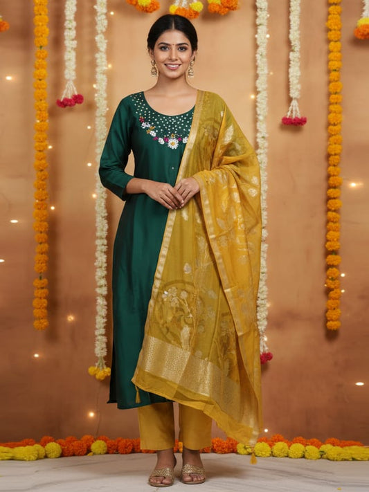 Green Roman silk kurtaset with pattu dupatta